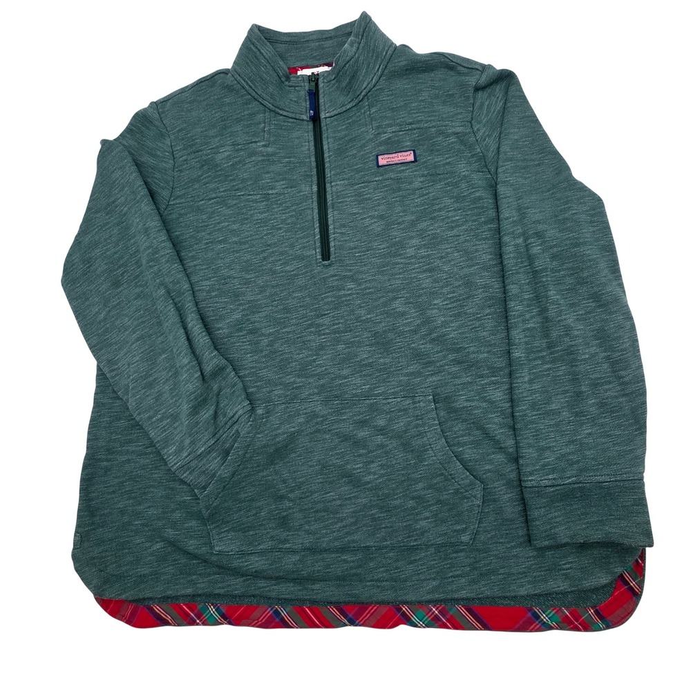 Preppy Vineyard Vines Shirt Pullover Womens XL Green Plaid Trim 1/4 Zip 2K1145